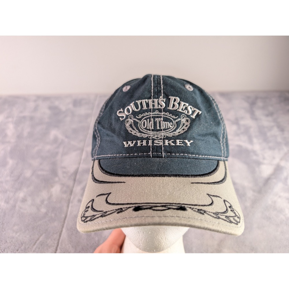 Coast Souths Best Old Time Whiskey Hat Navy Blue Tan Cotton Adjustable Strap Cap